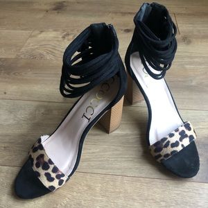 Ccocci Leopard Print Suede Strappy Zip Back Square High Heel. Size 8